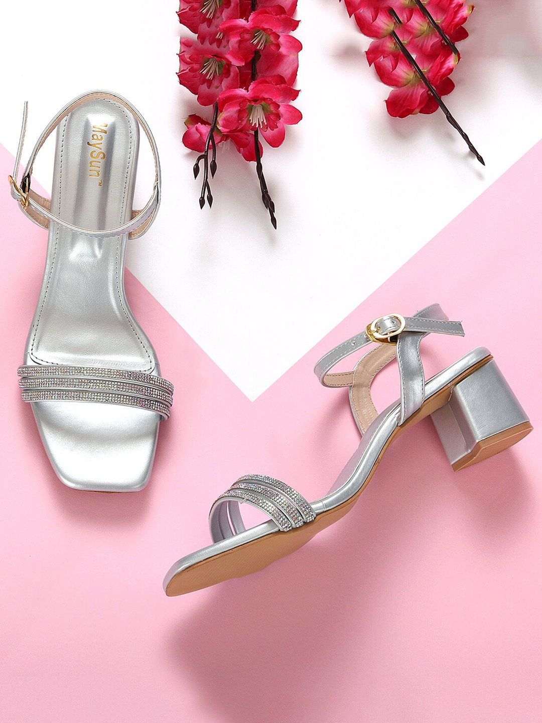 Maysun Silver-Toned Embellished PU Party Block Sandals with Buckles