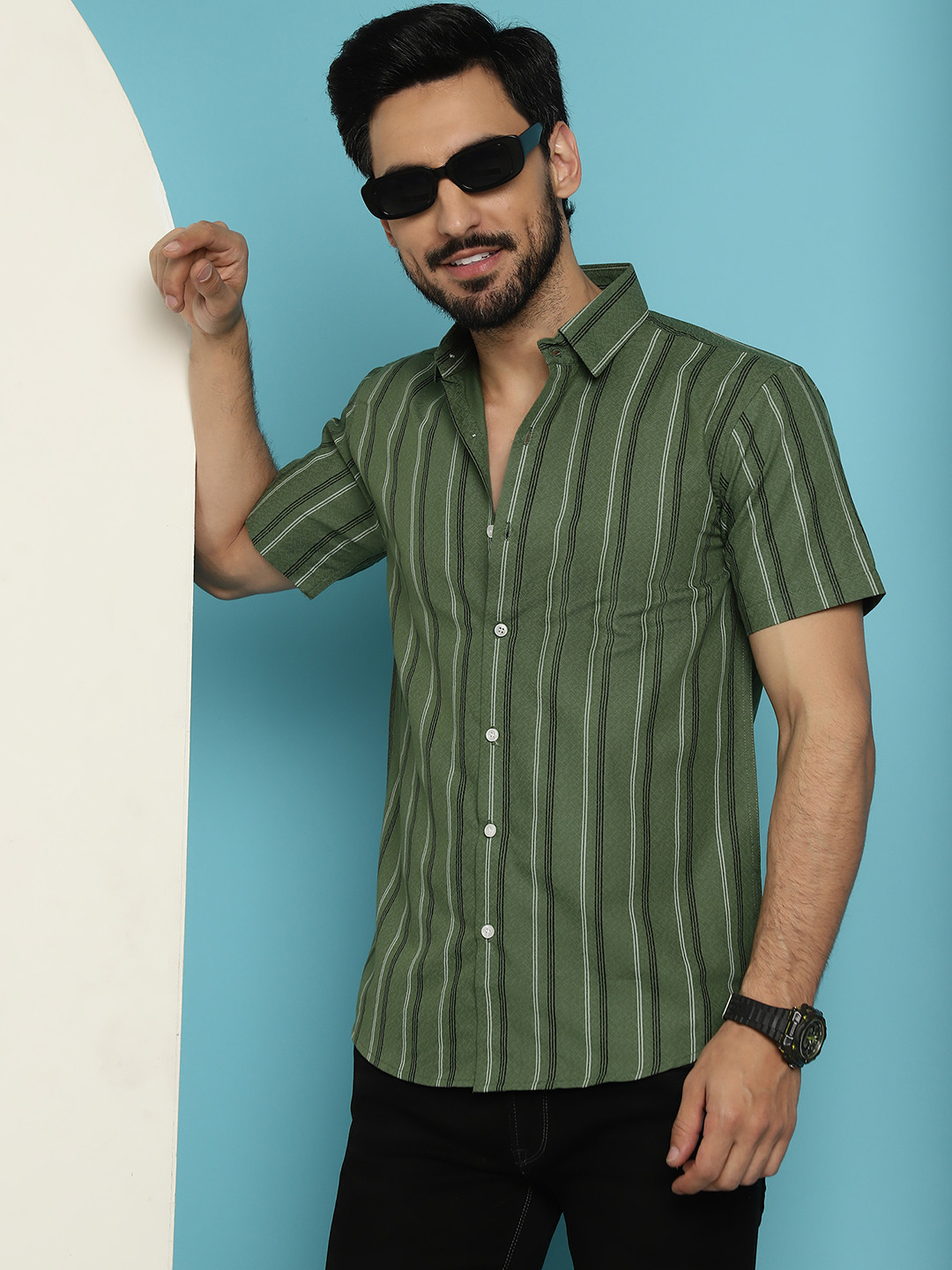 Indian Needle Classic Regular Fit Vertical Striped Half Sleeve Cotton Casual  Shirt