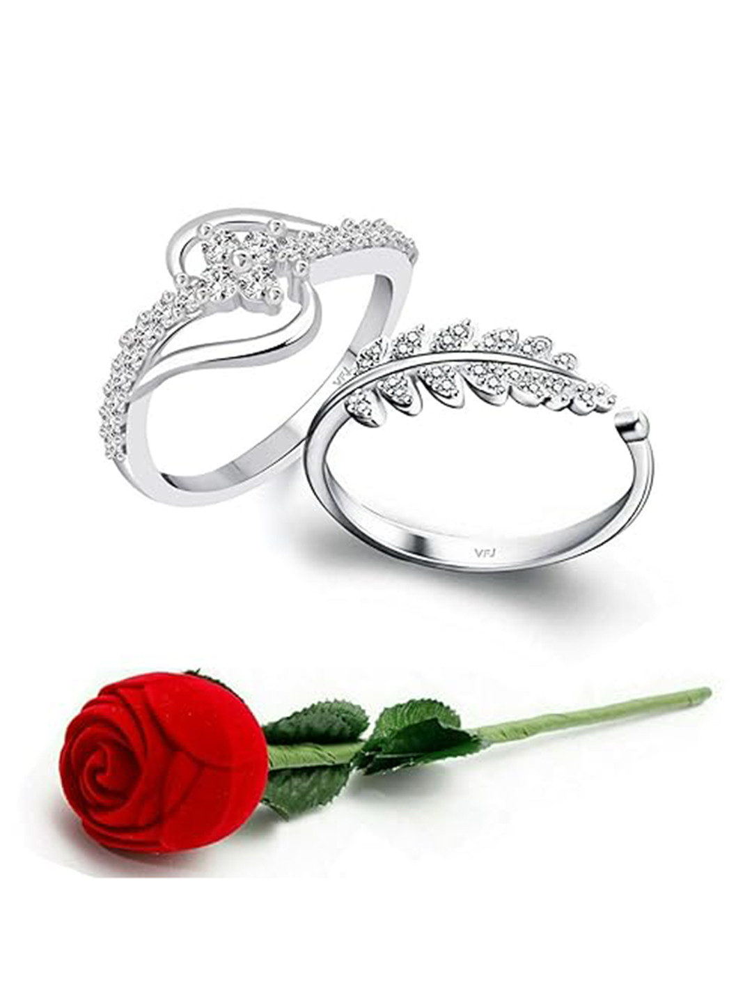 Vighnaharta Set Of 2 Rhodium-Plated CZ-Studded Finger Ring With Rose Box