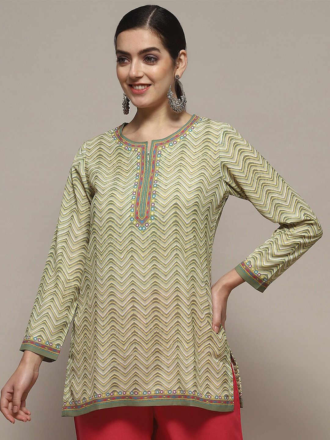 Biba Chevron Printed Notch Neck Long Sleeves Straight Kurti