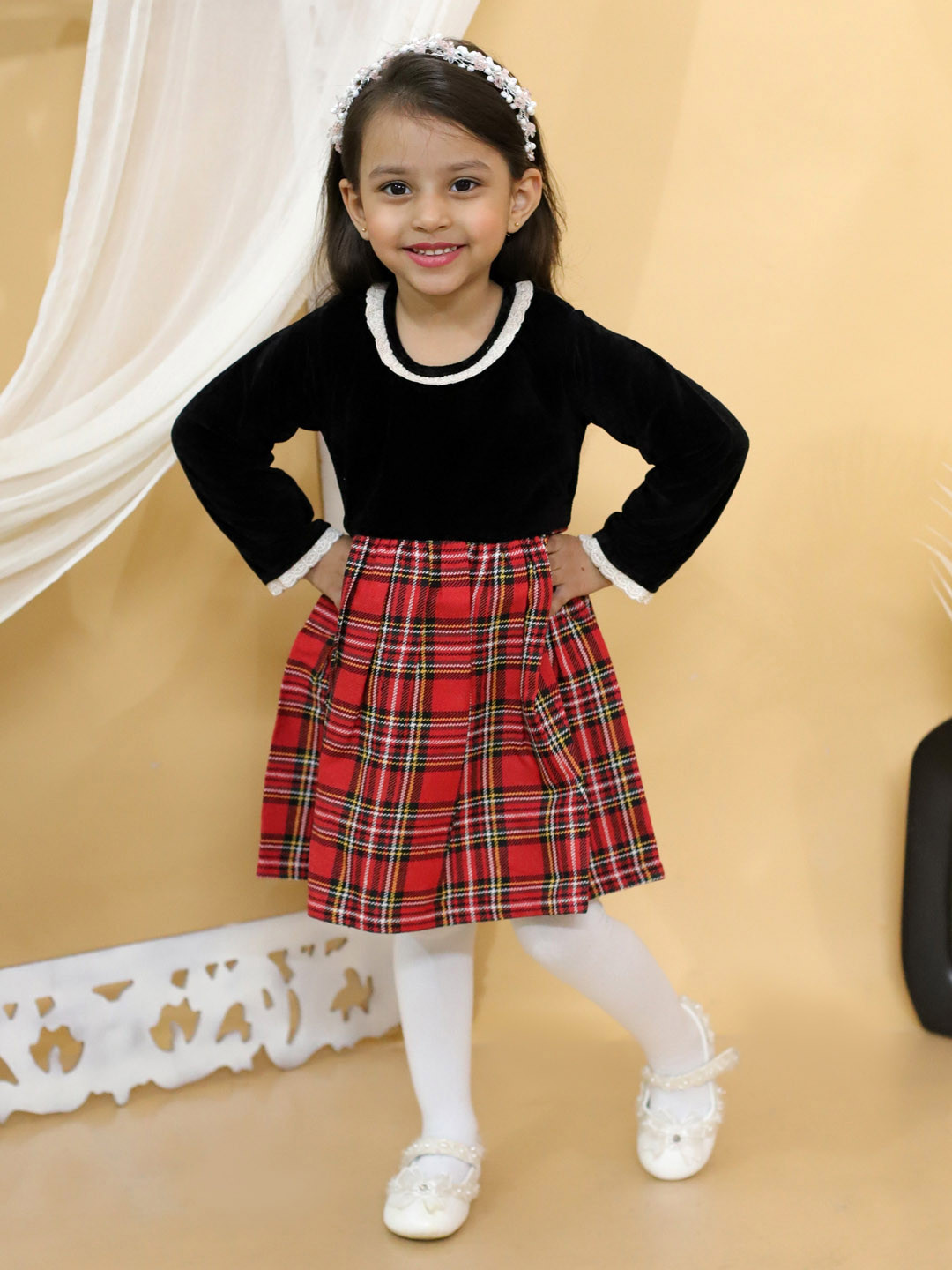 BownBee Girls Round Neck Long Sleeves Checked Velvet Pinafore Dress