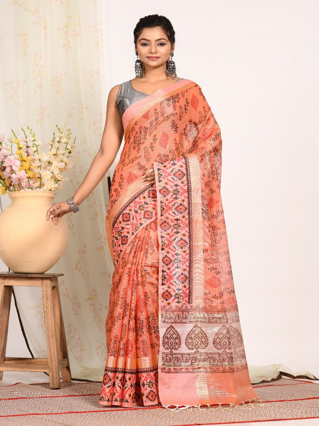 Morchari Rust & Green Ethnic Motifs Printed Tissue Block Print Saree