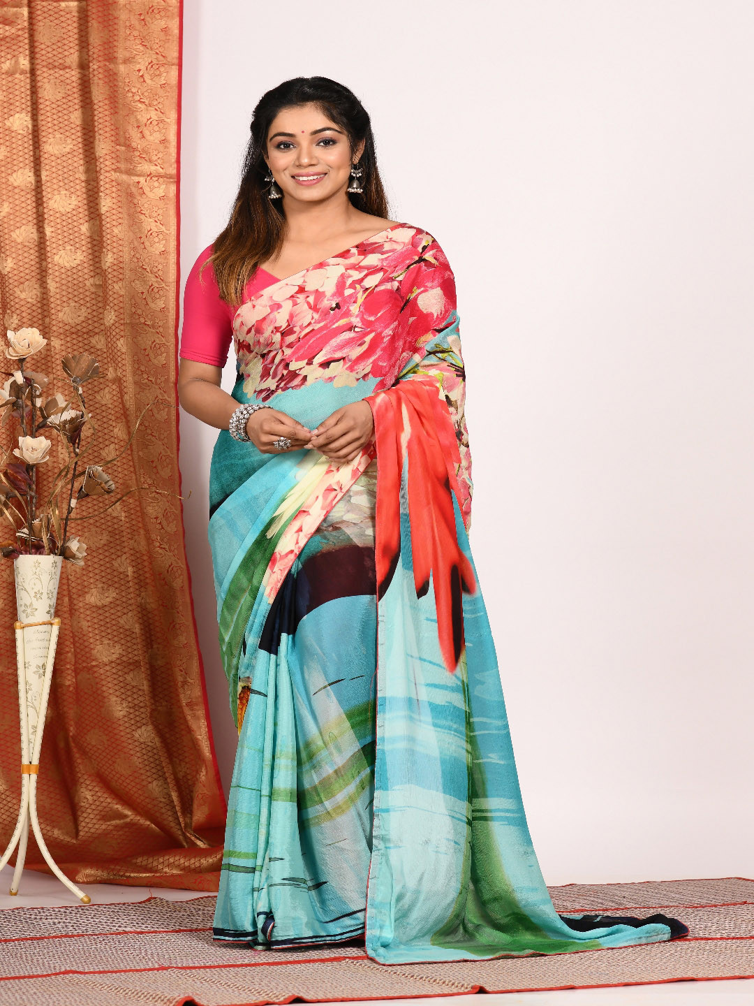 Morchari Red & Blue Ethnic Motifs Pure Chiffon Saree