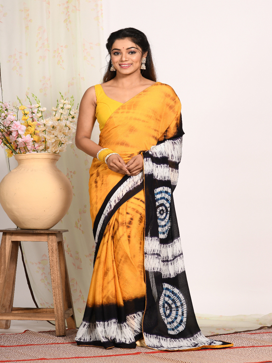 Morchari Orange & Black Tie and Dye Pure Chiffon Saree