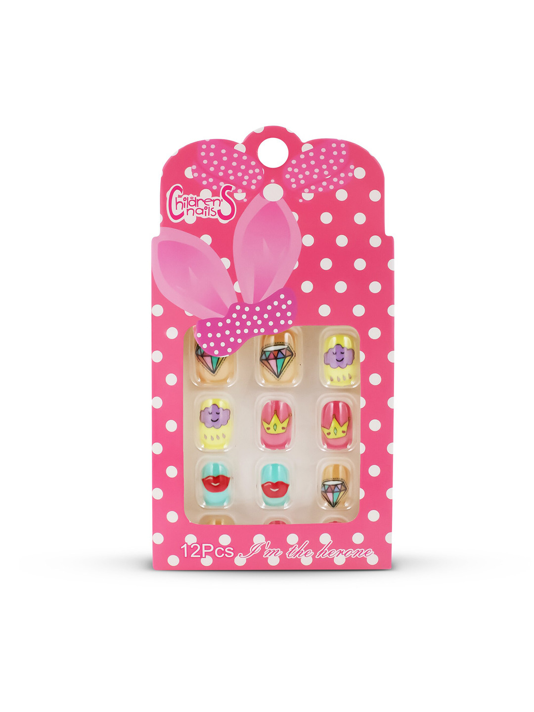 JENNA Girls 12-Pcs Diamond Crown Design Artificial Nails Art Kit with Glue - Multicolored