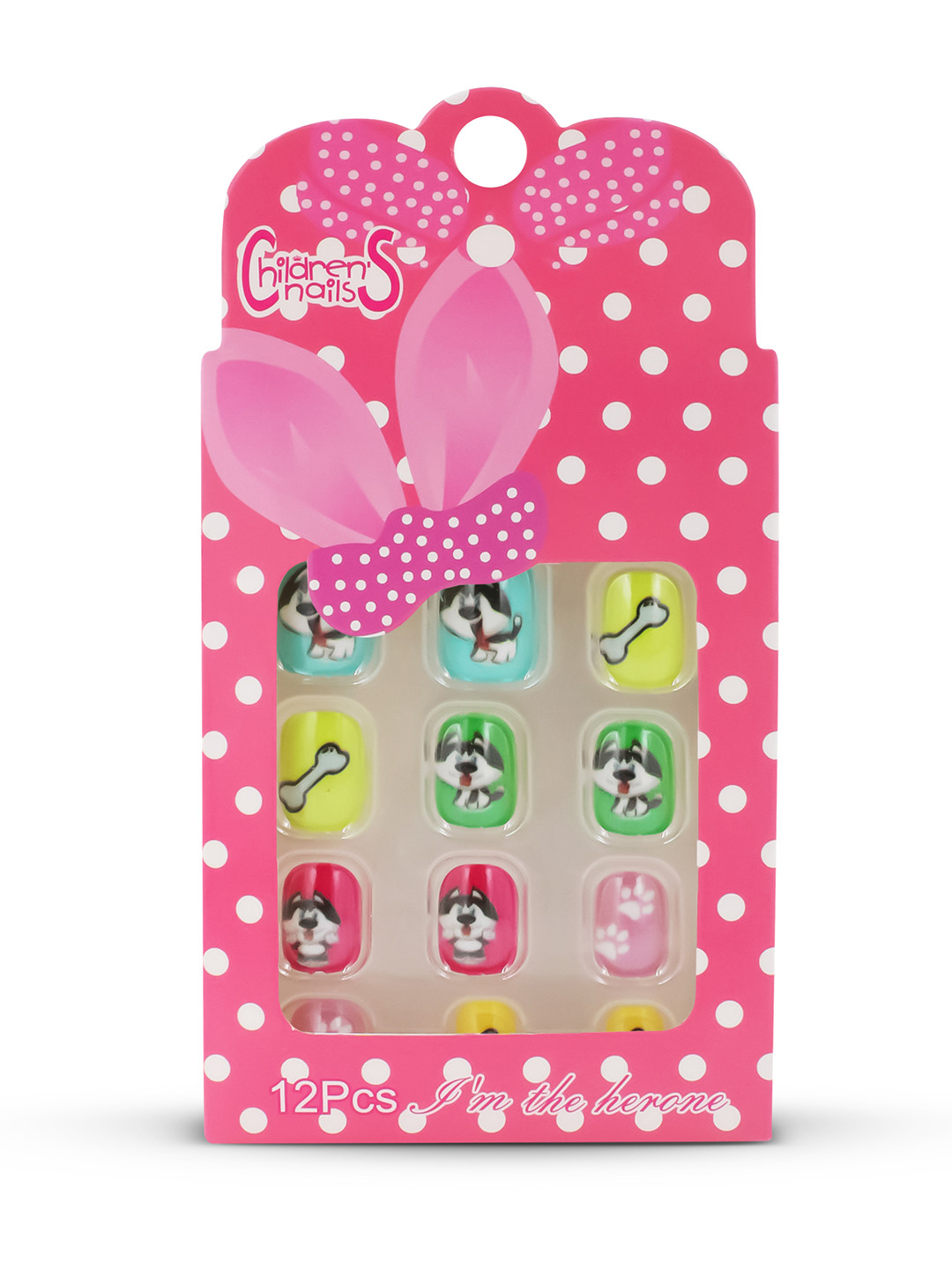 JENNA Girls 12-Pcs Dog Design Artificial Nails Art Kit with Glue - Multicolored