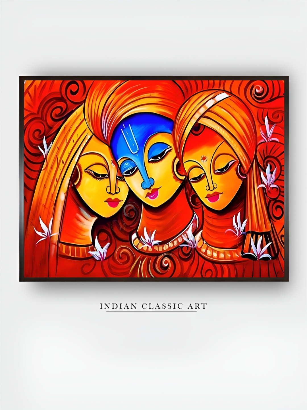 INDIAN CLASSIC ART Red & Orange Radha Krishna Painting Canvas Wall Art