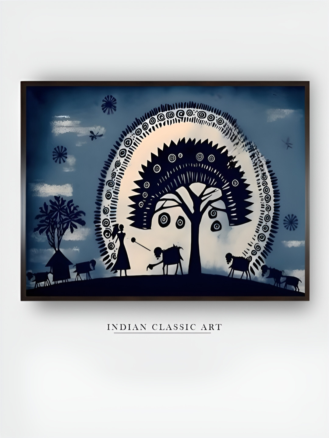 INDIAN CLASSIC ART Blue & Beige Canvas Birds and Animals Painting Wall Art
