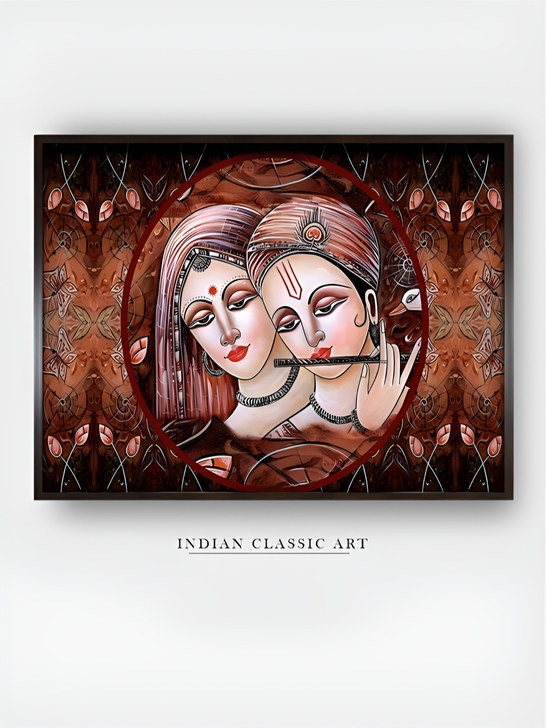 INDIAN CLASSIC ART Brown & Cream Radha Krishna Wooden Paintings Wall Art