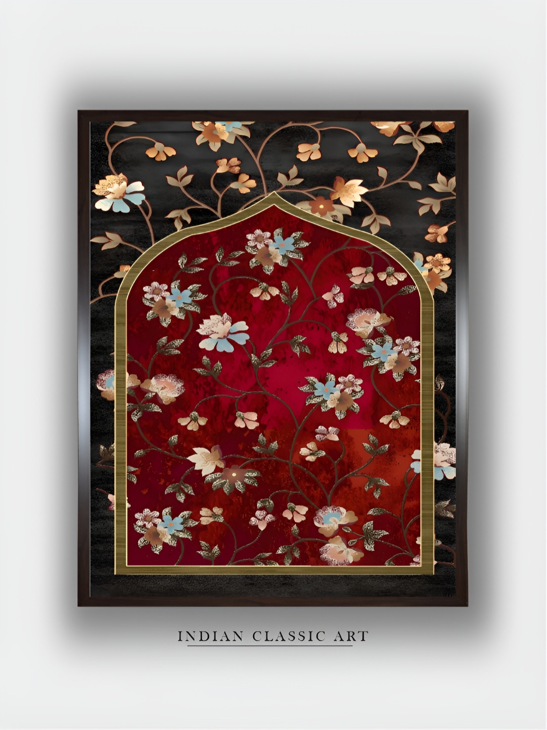 INDIAN CLASSIC ART Black & Red Wooden Floral and Botanical Paintings Wall Art