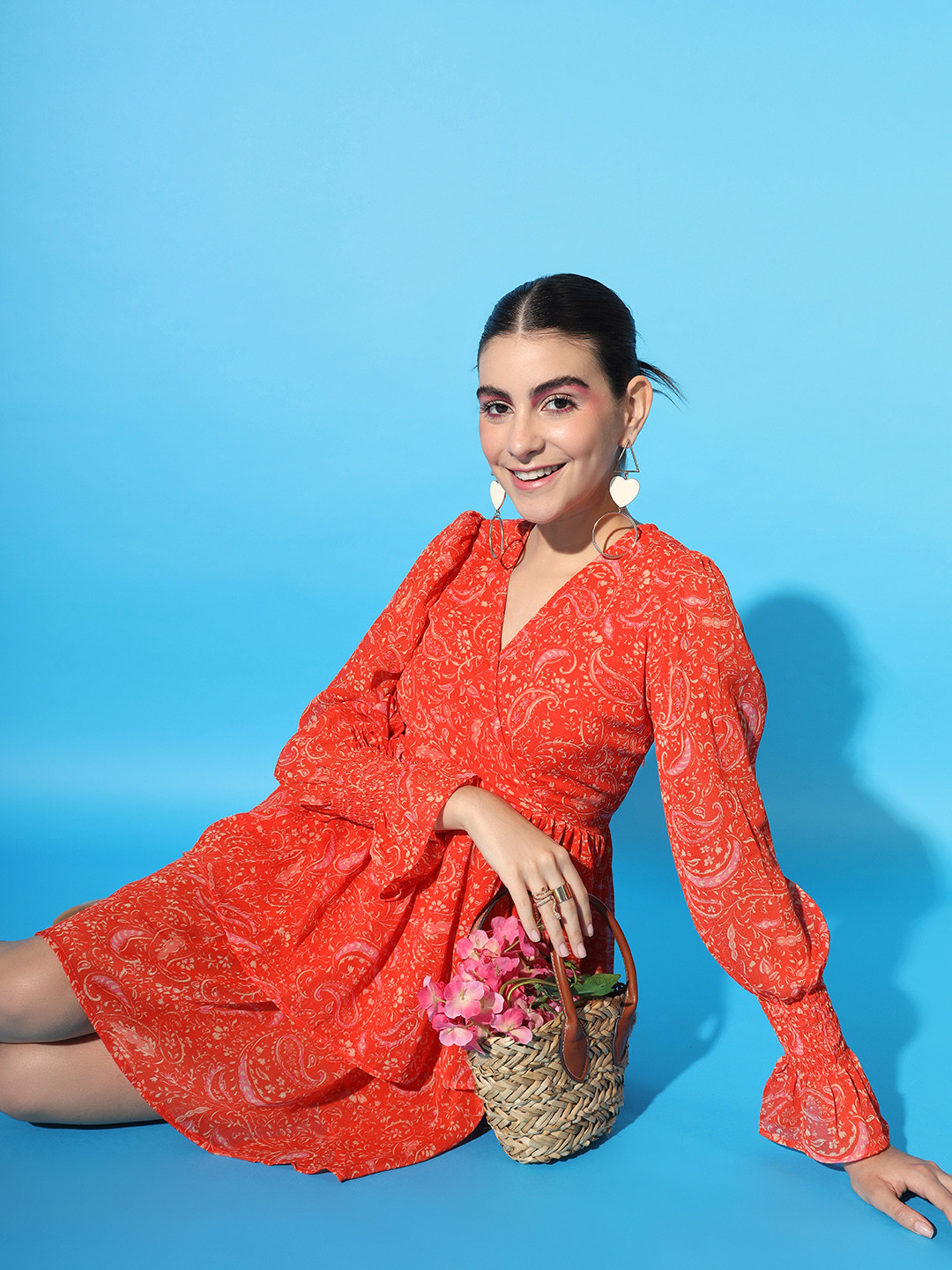 SCORPIUS Ethnic Motifs V-neck long Puff Sleeve Chiffon Maxi Dress