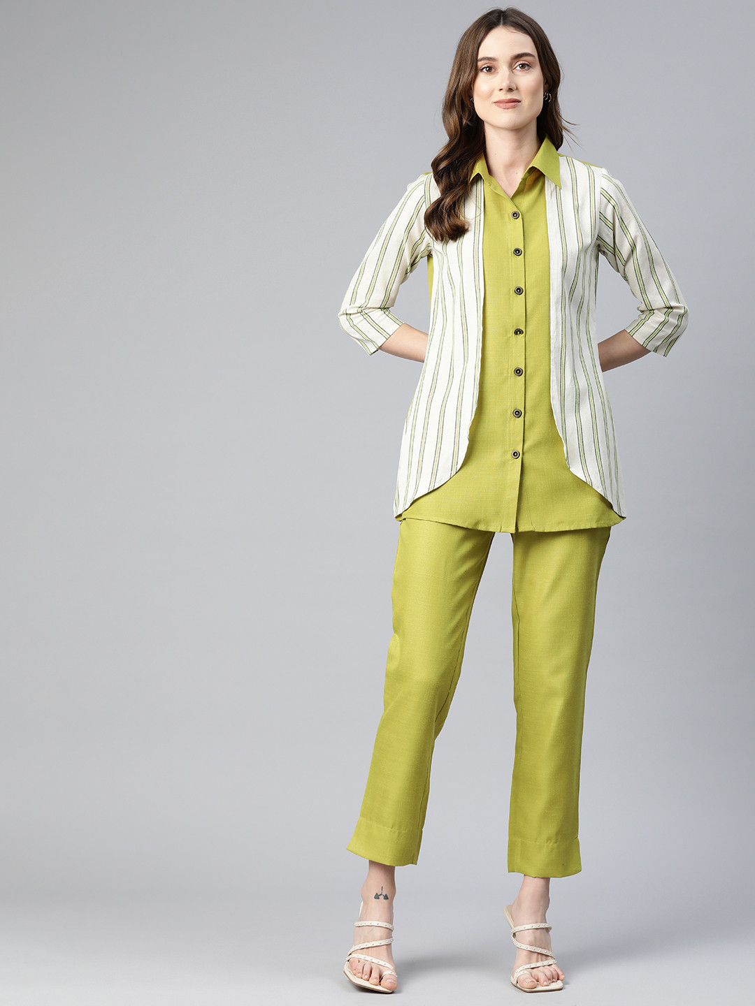 Cottinfab Women Layered Striped Shirt with Trousers