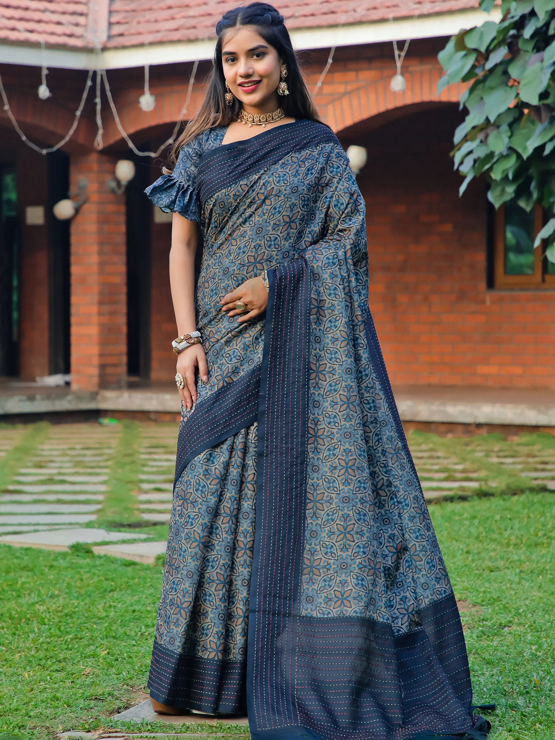 PBS PRINTS Ethnic Motifs Kantha Work Tussar Saree