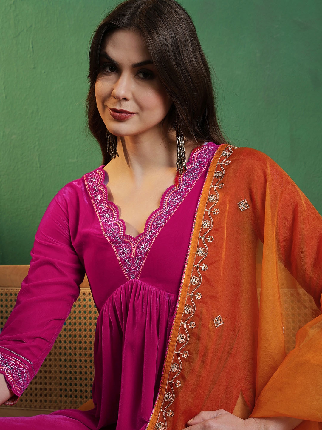 Sangria Yoke Designed A Line Kurta With Trouser & Dupatta Set - Kurta Sets for Women 26984920 | Myntra
