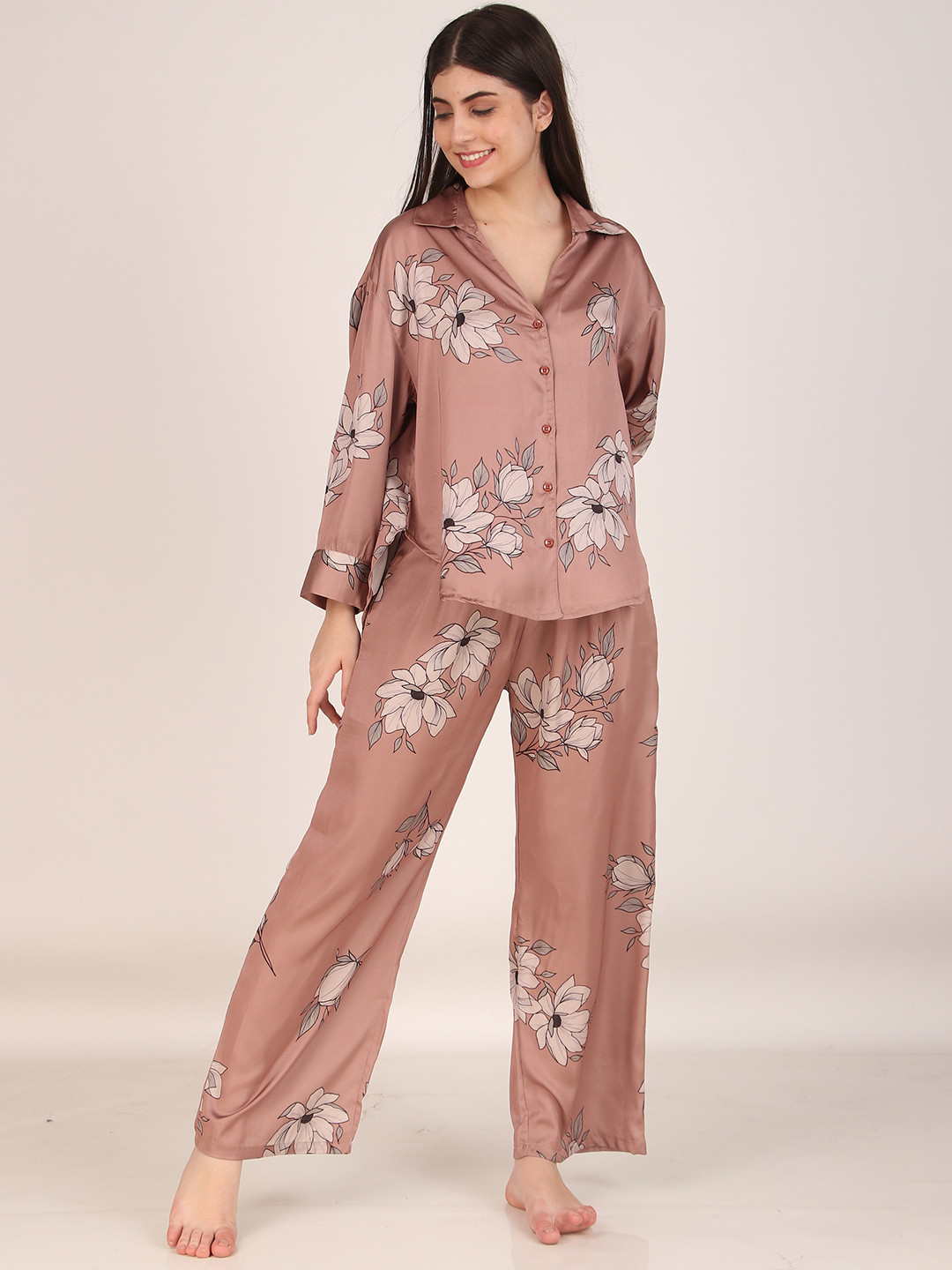 Masha Women Brown Floral Oversized Satin Night Suit