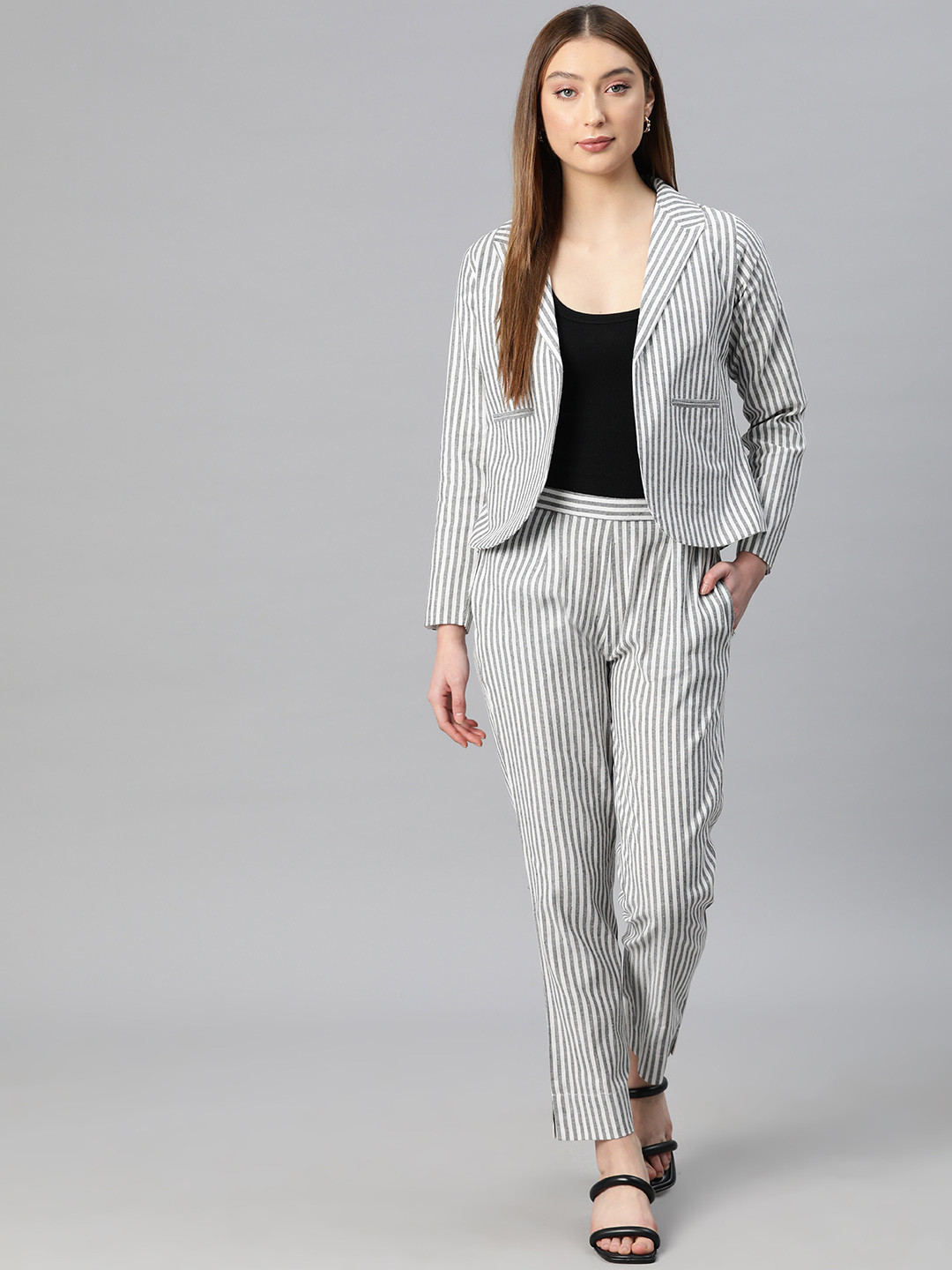 Cottinfab Women Striped Notched Lapel Two-Piece Suit