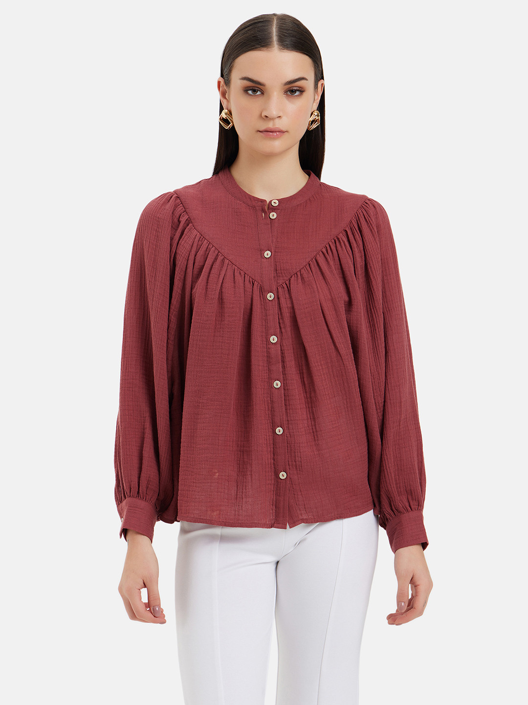 Kazo Band Collar Puff Sleeve Cotton Loose Fit Shirt Style Top