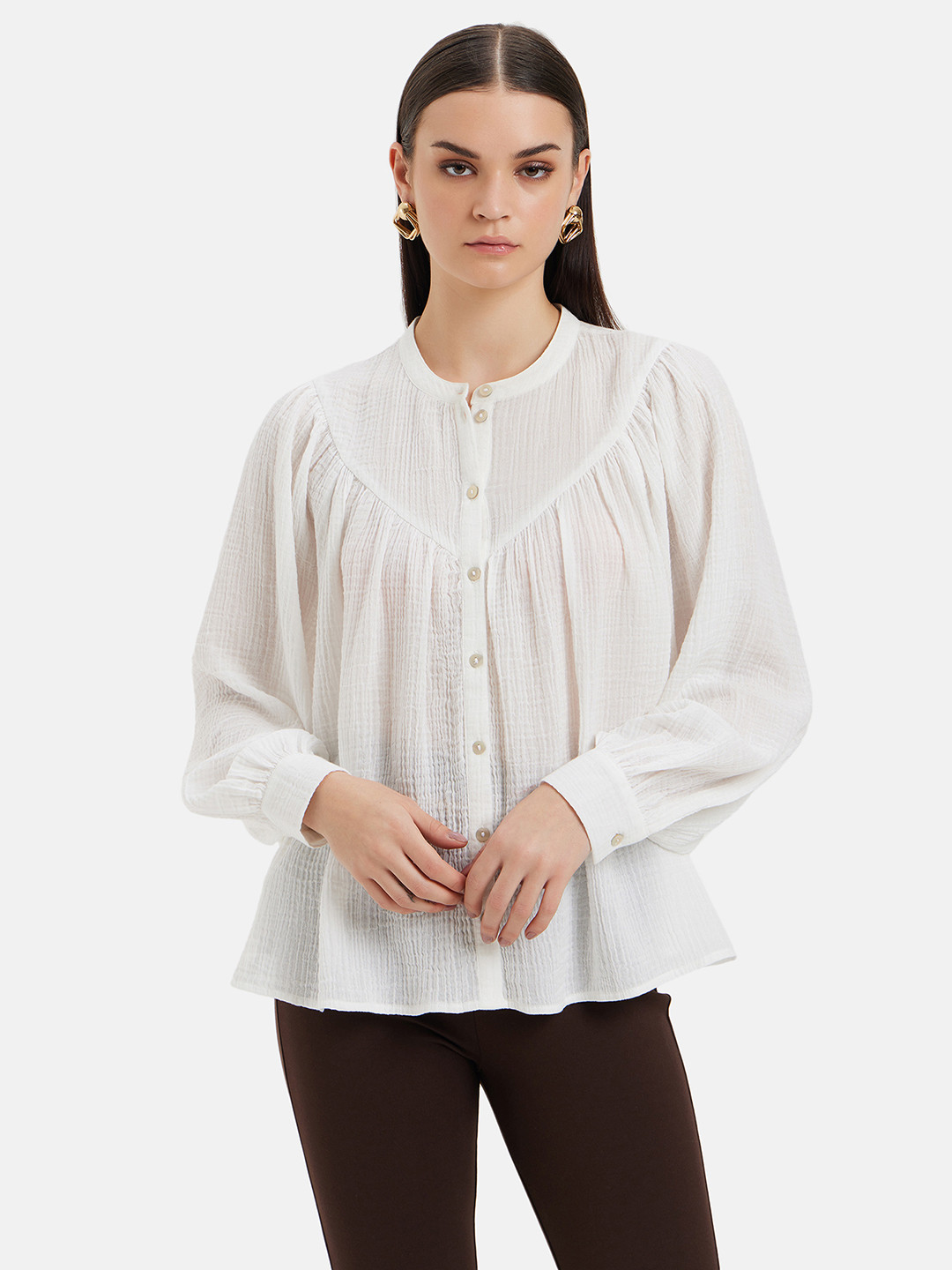Kazo Mandarin Collar Long Sleeves Cotton Top