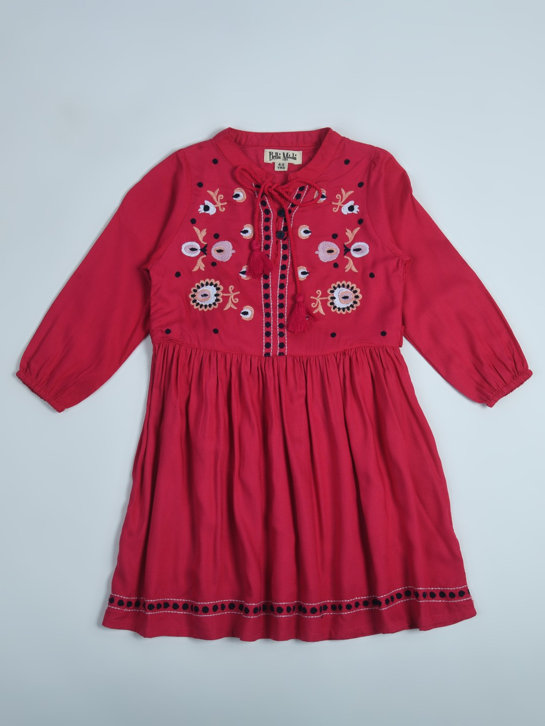 Bella Moda Floral Embroidered Tie Up Neck Three-Quarter Sleeves Fit & Flare Dress