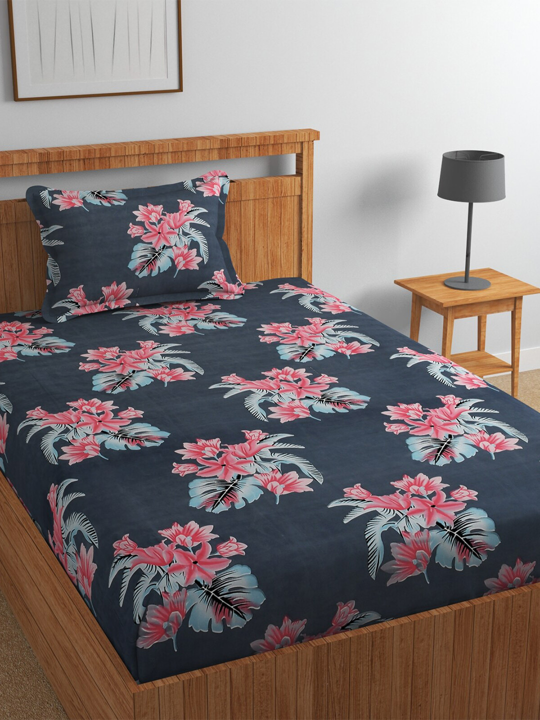 Florida Blue Floral Cotton 180 TC Single Fine Bedsheet with a Pillow Cover-61 x 82 inches