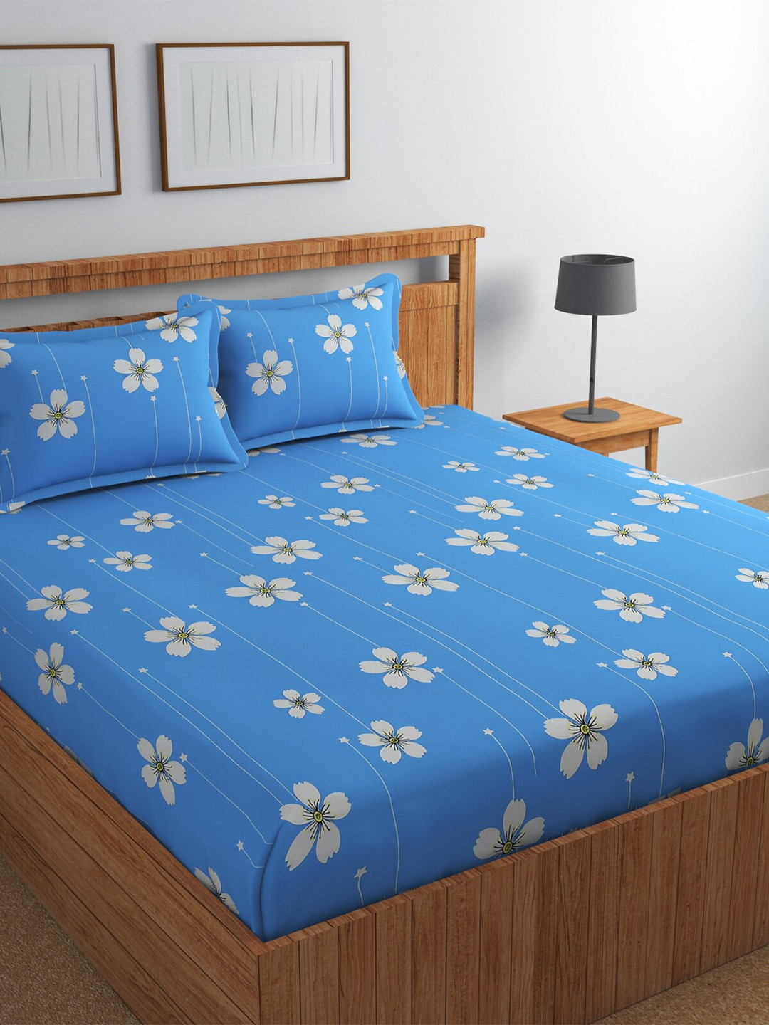 Florida Blue Floral Cotton 180 TC King Fine Bedsheet with 2 Pillow Covers-275 x 228 cm