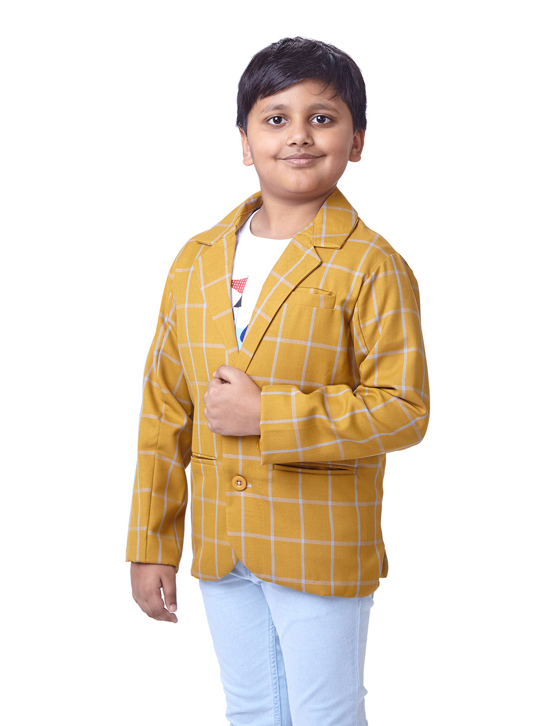 Knit N Knot Boys Checked T-Shirt And Trousers With Blazer