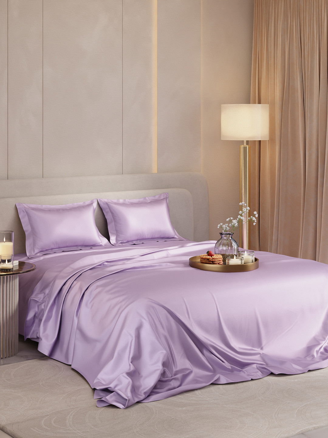 Stoa Paris Date Night Collection Lavender Solid Polyester 300 TC Queen Fine Bedsheet with 2 Pillow Covers-254 x 228 cm