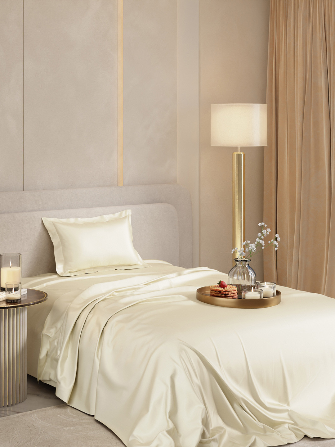 Stoa Paris Date Night Beige 300 TC Flat Single Satin Bedsheet with 1 Pillow Cover