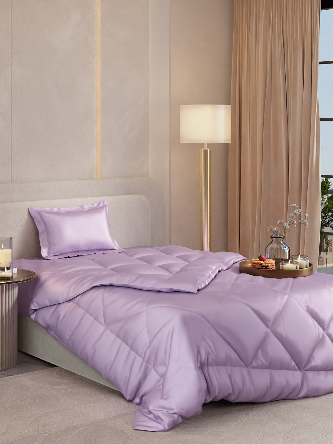 Stoa Paris Date Night Collection Lavender Geometric AC Room 150 GSM Bed Satin Comforter