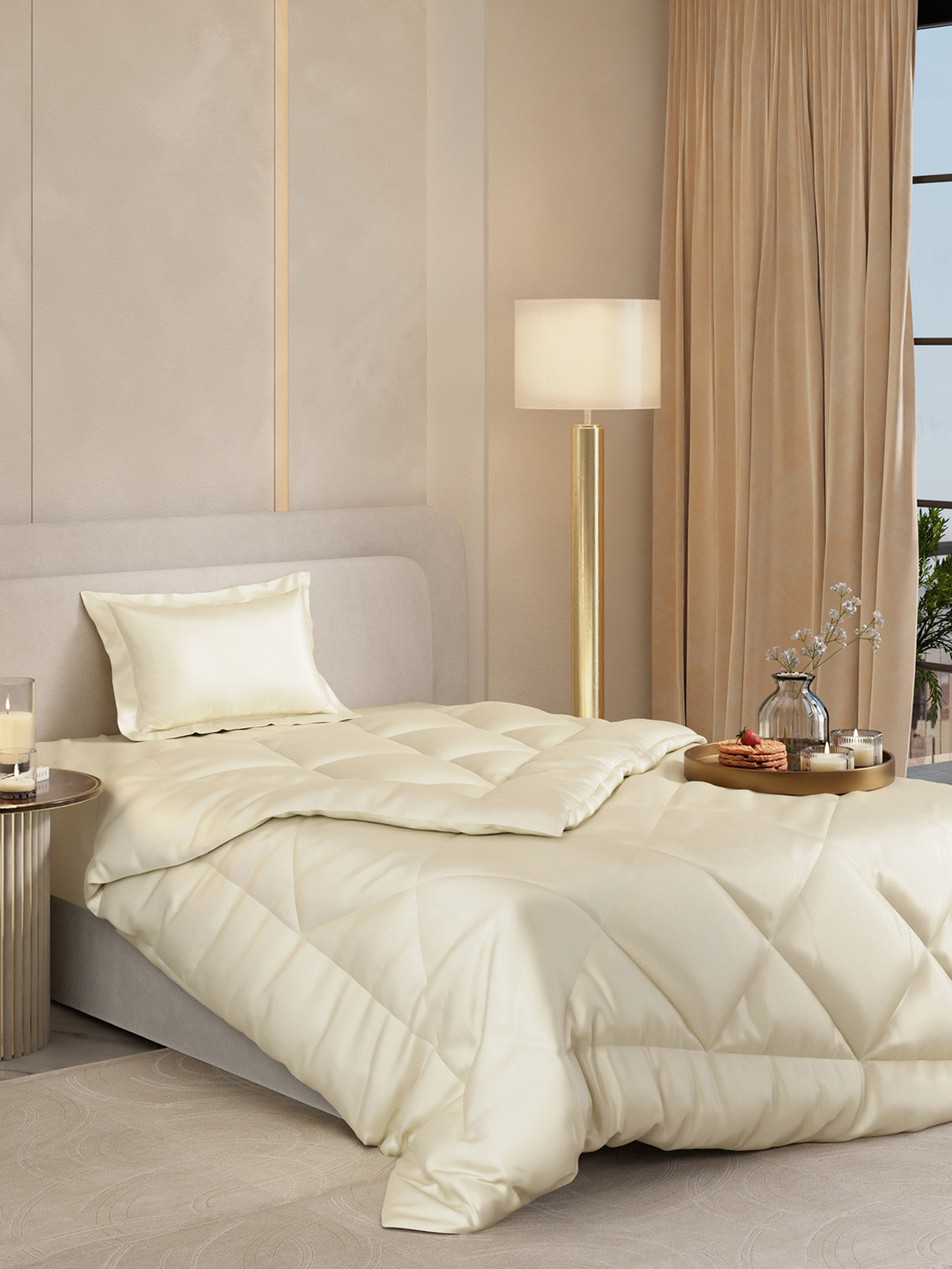 Stoa Paris Date Night Collection Cream Coloured AC Room Single Bed Satin Comforter