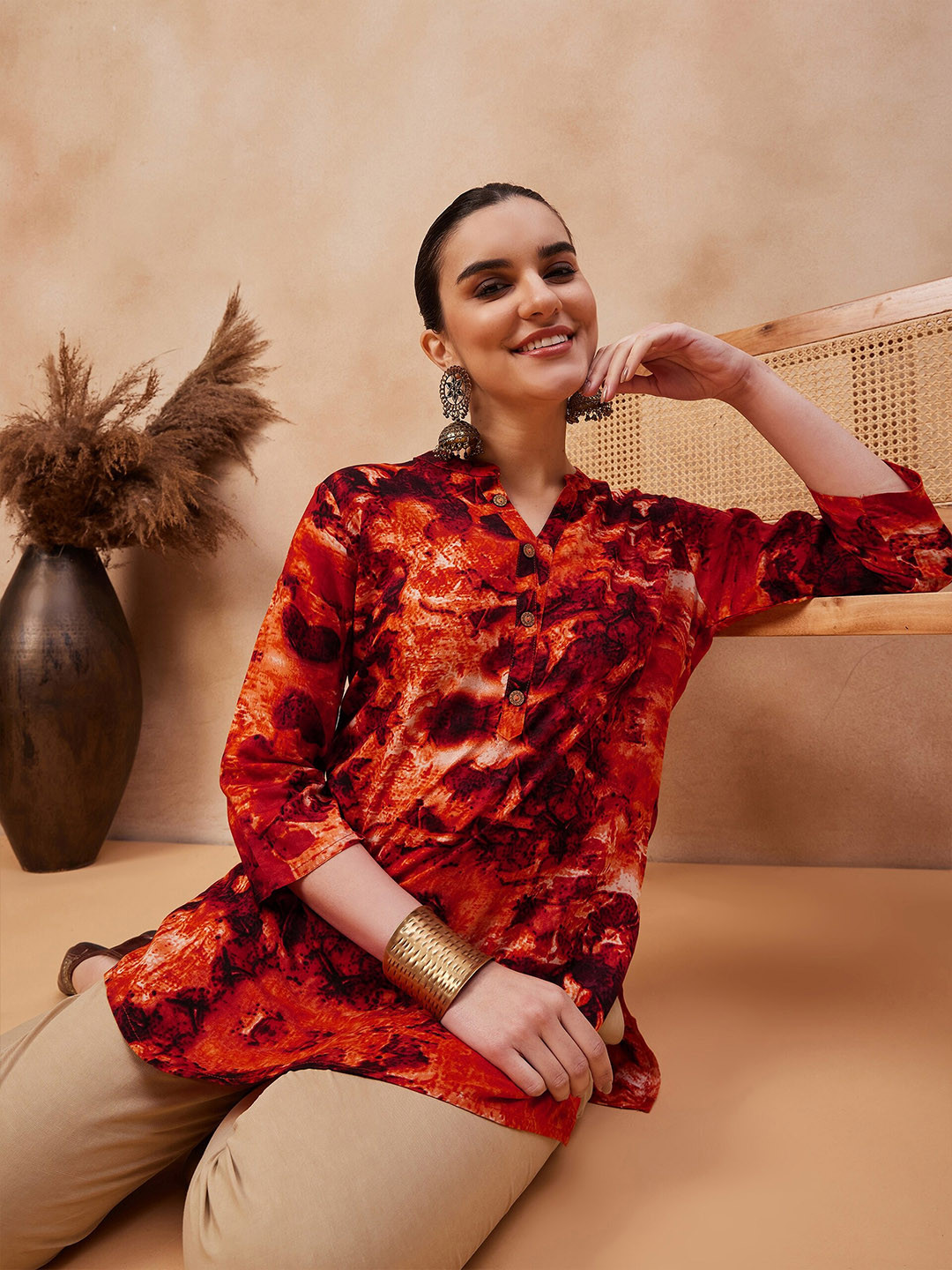 Anouk Red Tie & Dye Dyed Straight Short Kurti