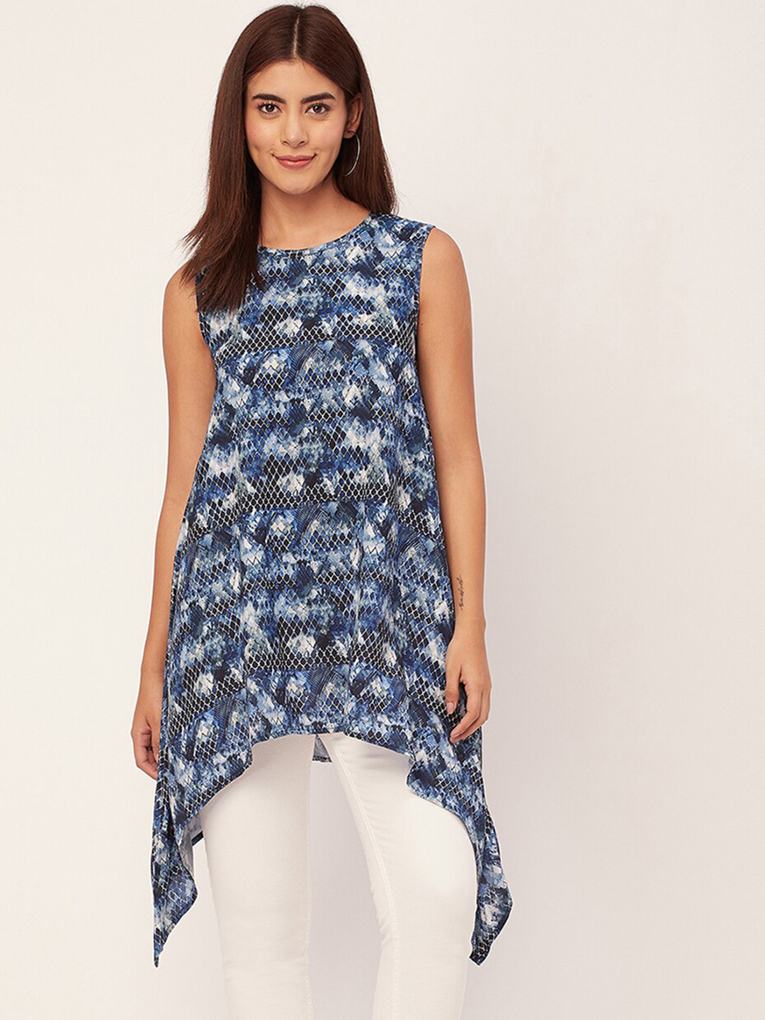 Moomaya Abstract Printed Sleeveless High-Low Longline Opaque Casual Top