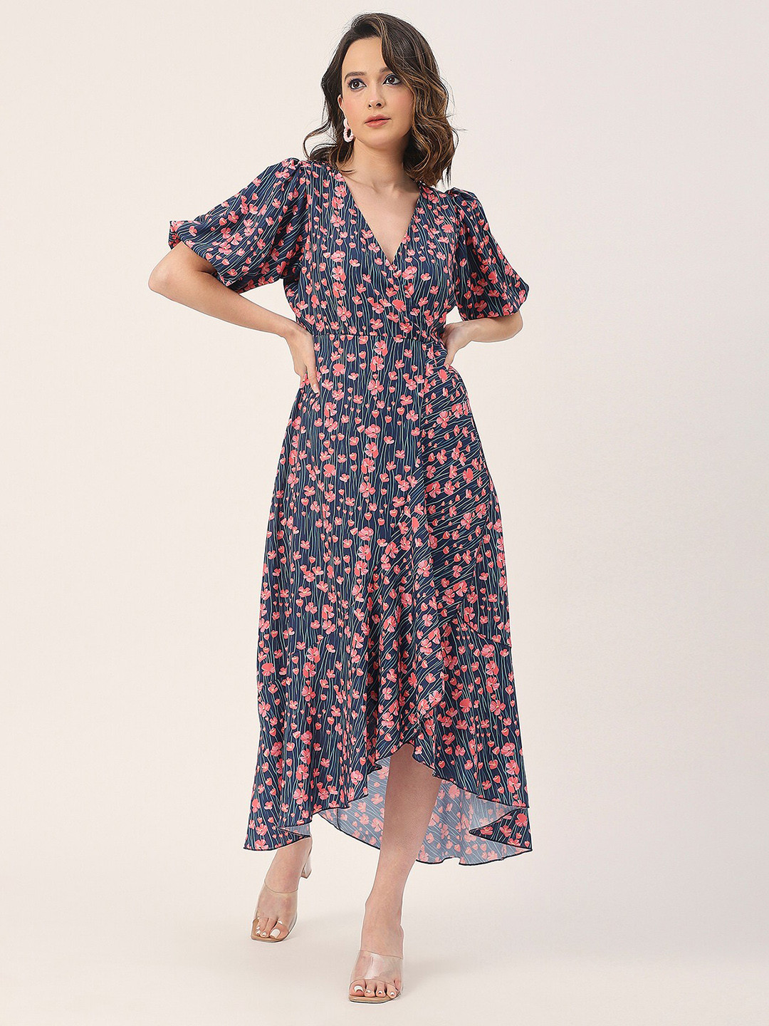Moomaya V-neck  Floral Print Short Puff Sleeve Midi Dress