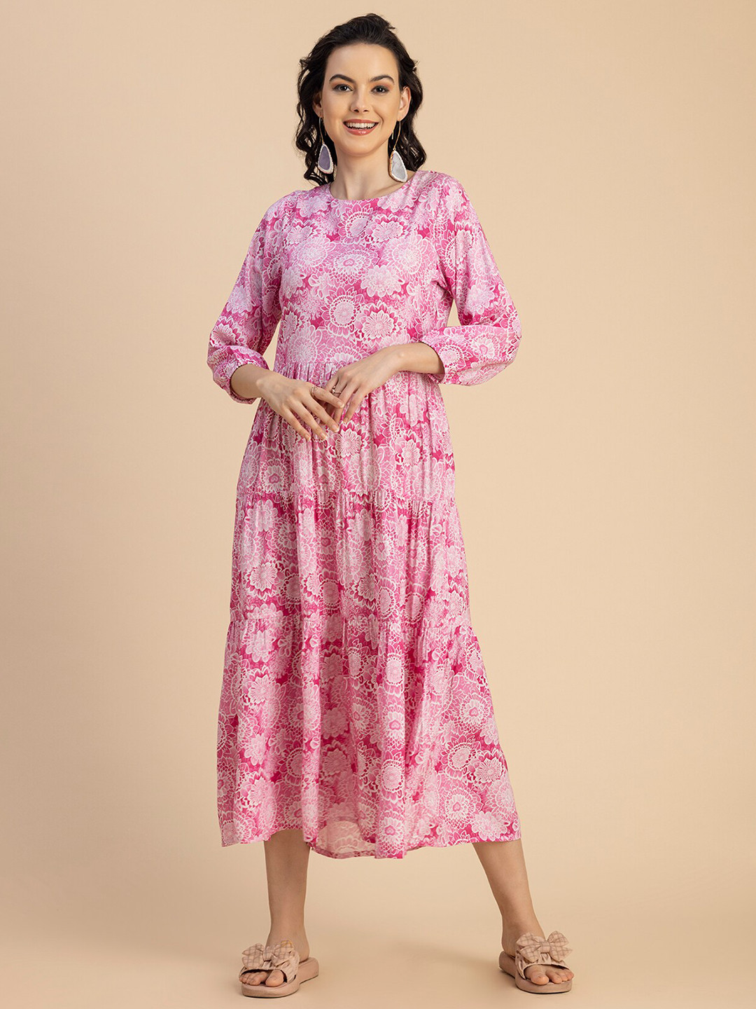 Moomaya Floral Printed Round Neck Tiered Fit & Flare Midi Dress
