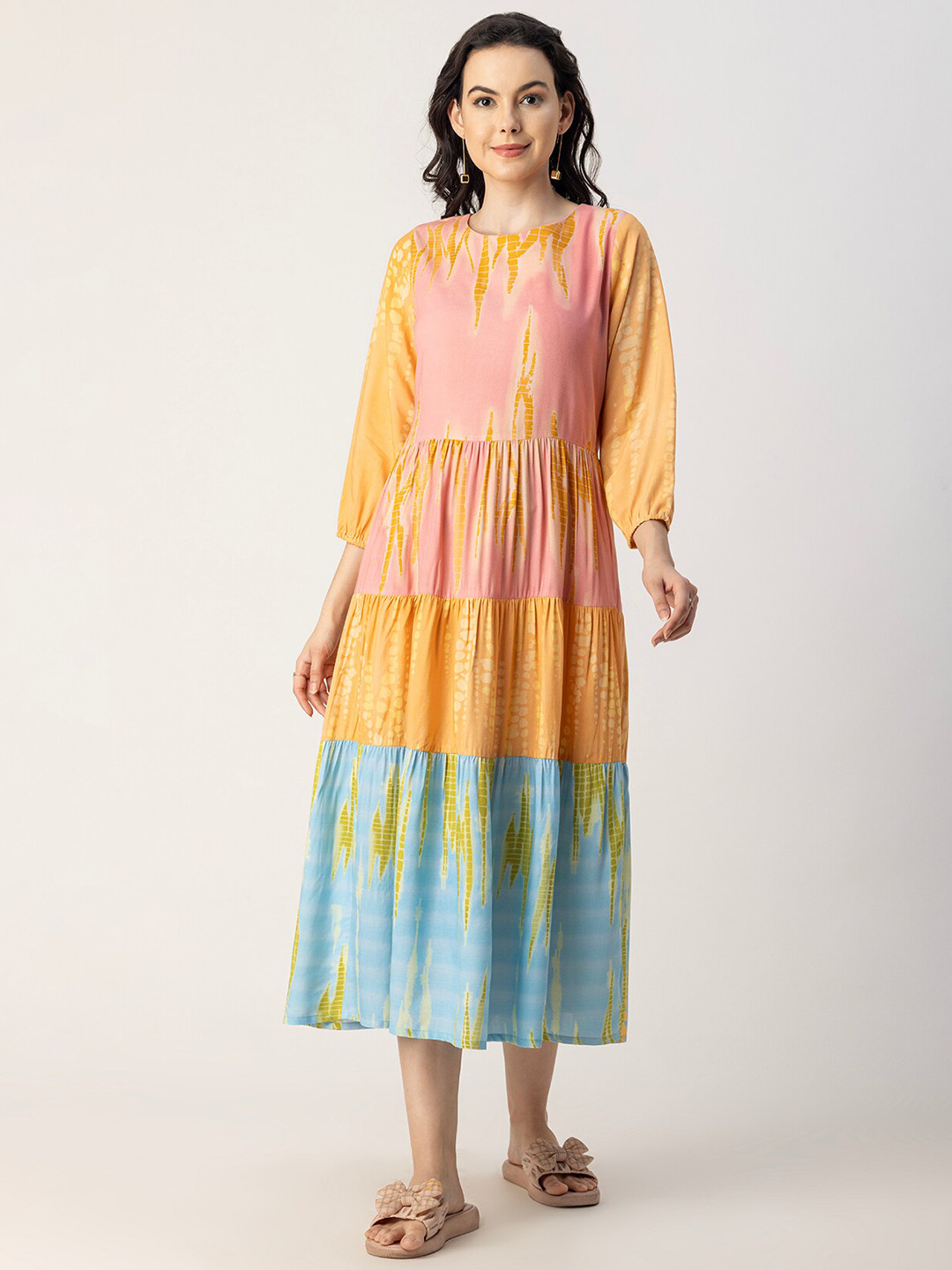 Moomaya Round Neck Tie and Dye Layered Fit & Flare Midi Dress