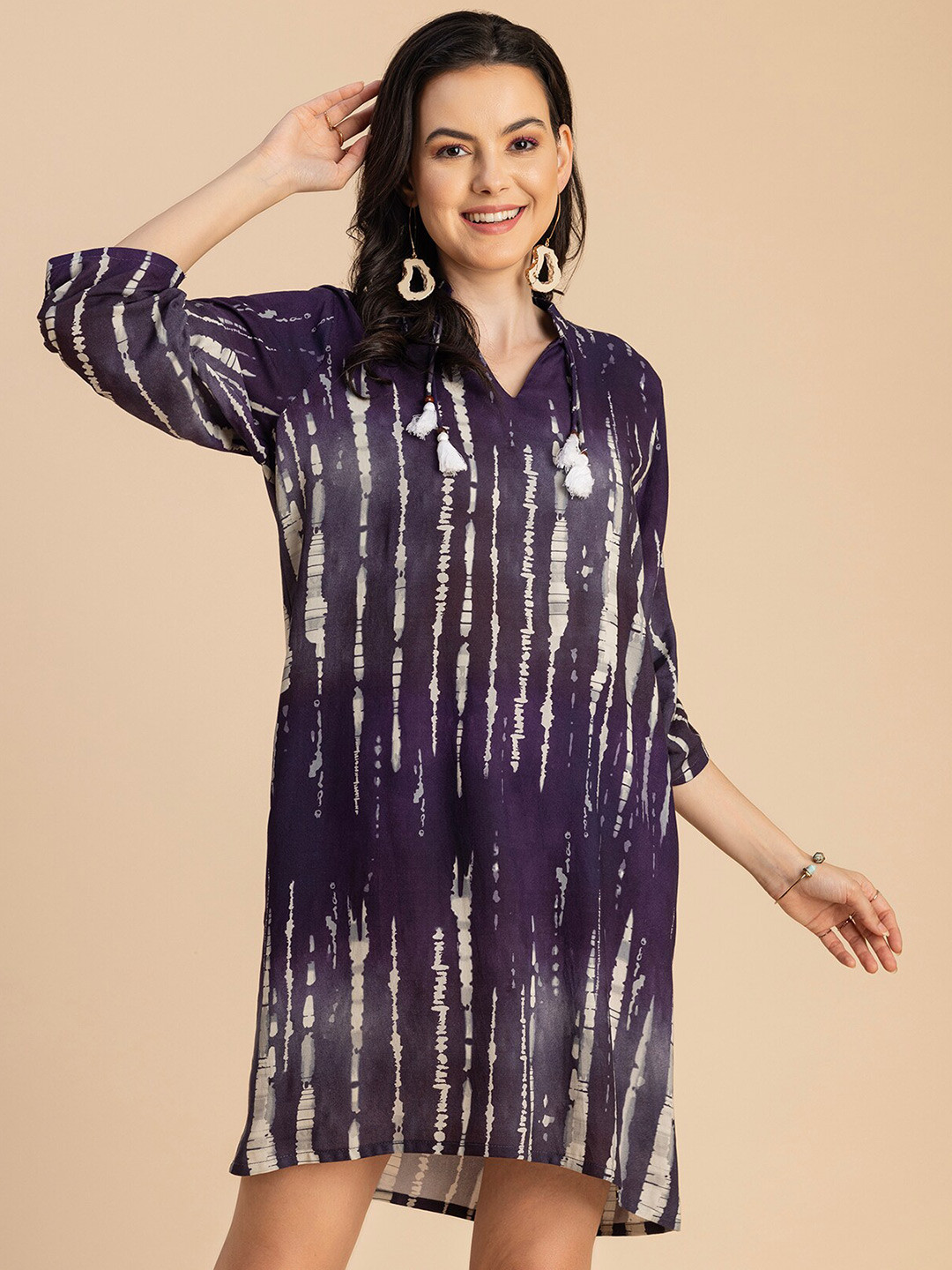 Moomaya Mandarin Collar Tie and Dye Print Shirt Dress