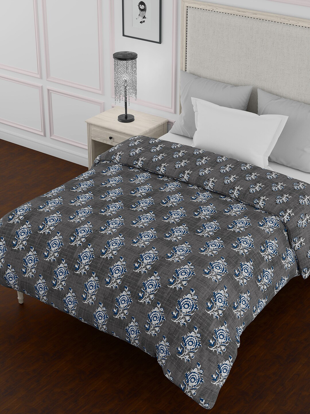 BELLA CASA Grey & Green Ethnic Motifs AC Room 150 GSM Cotton Single Bed Quilt