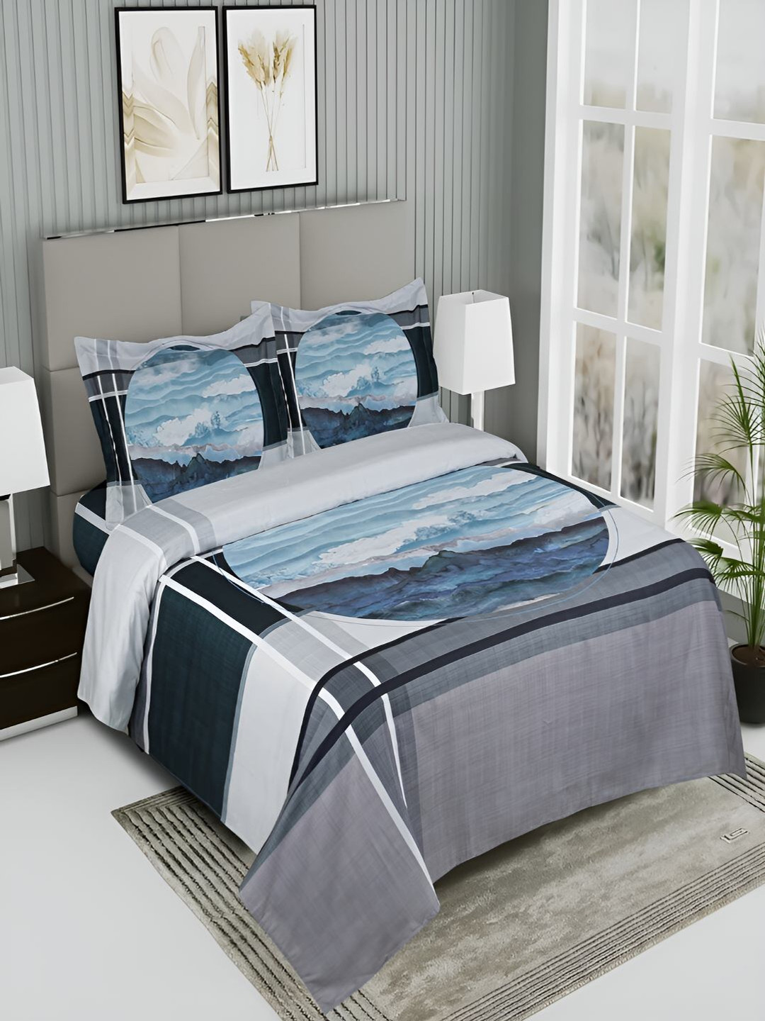 GAPU & BALY Wonderful Blue Abstract Polycotton 200 TC King Fine Bedsheet with 2 Pillow Covers-108 x 98 inches