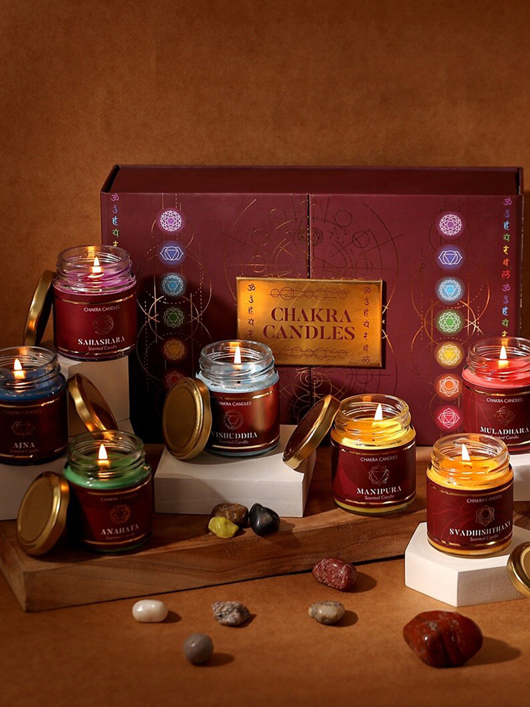 Parkash Candles Premium Glass PROSPERRO LUMO 7Pcs Sahasrara, Muladhara , Manipura, Vishudhha, Svadhish-Thana, Anahata, Ajna Jar Candles