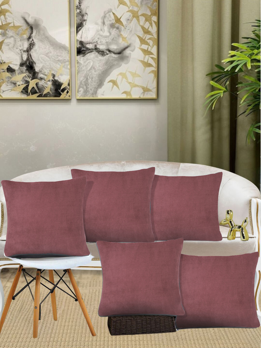 KLOTTHE Rust Wool Washable 5 Piece Square Cushion Covers - 15.7 x 15.7 Inches