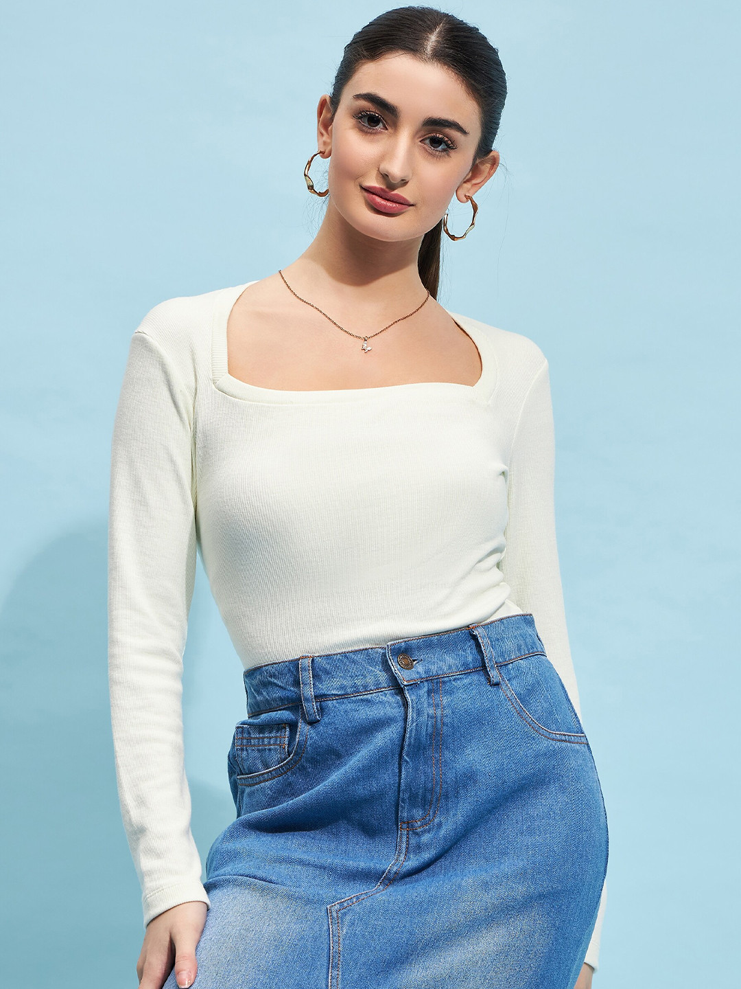 STREET 9 BASICS Square Neck Long Sleeves Fitted Top
