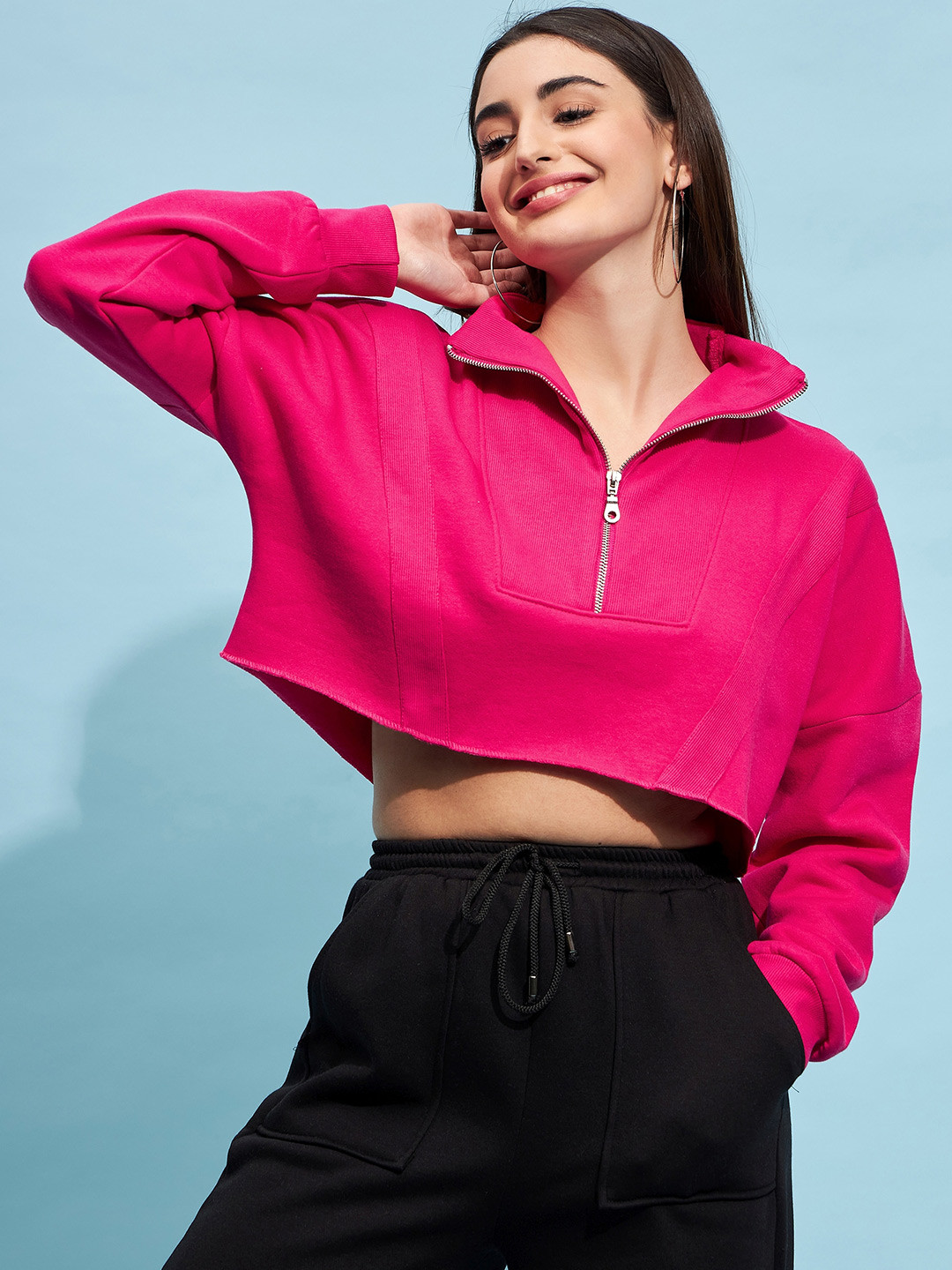STREET 9 Fuchsia Mock Collar Pure Cotton Crop Sweatshirt