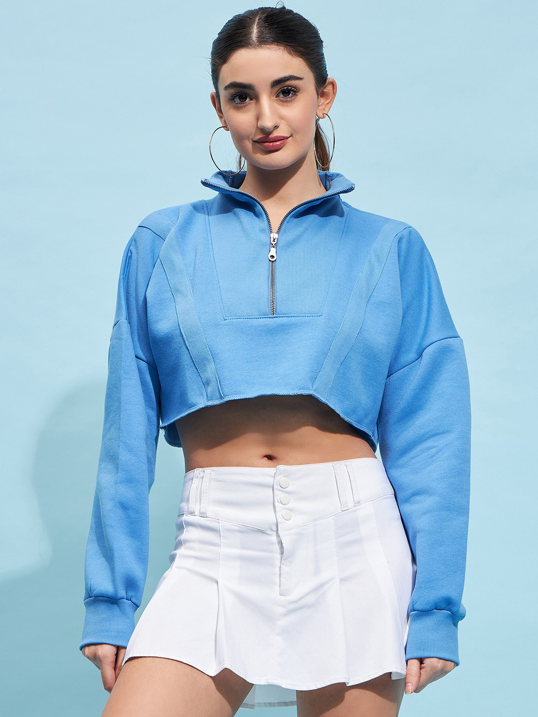 STREET 9 Blue Mock Collar Crop Boxy Sweatshirt