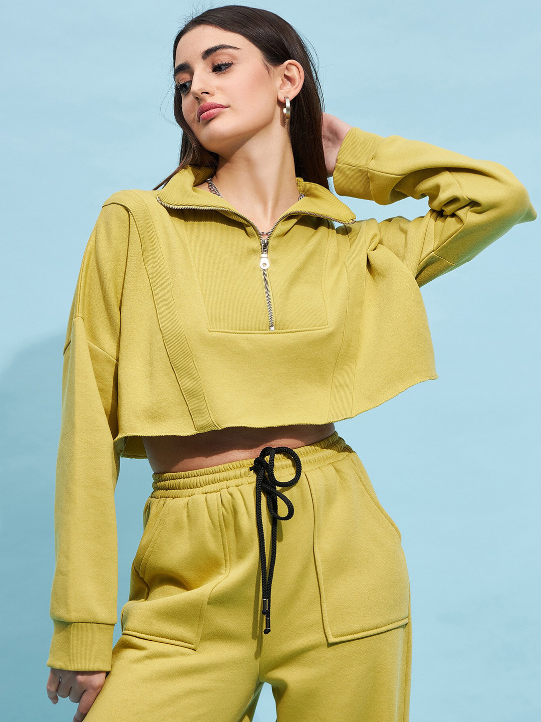 STREET 9 Lime Green Mock Collar Pure Cotton Crop Sweatshirt