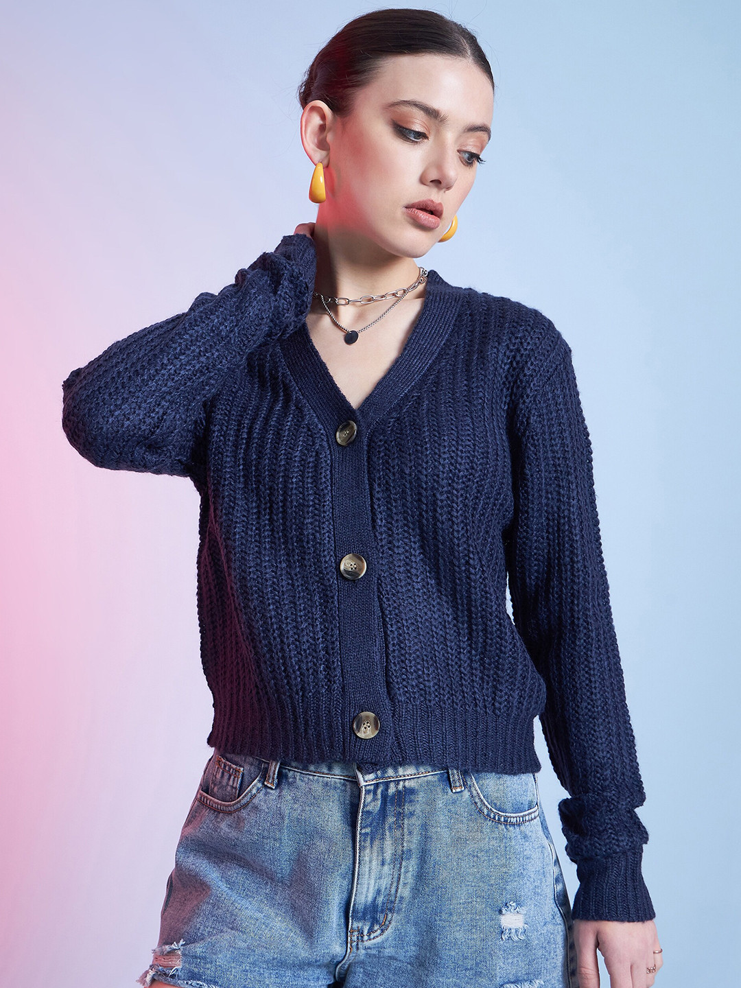 STREET 9 Blue Ribbed Cardigan Acrylic Sweater