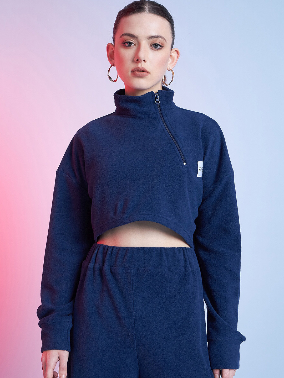 STREET 9 Navy Blue Mock Collar Half Zipper Crop Sweatshirt