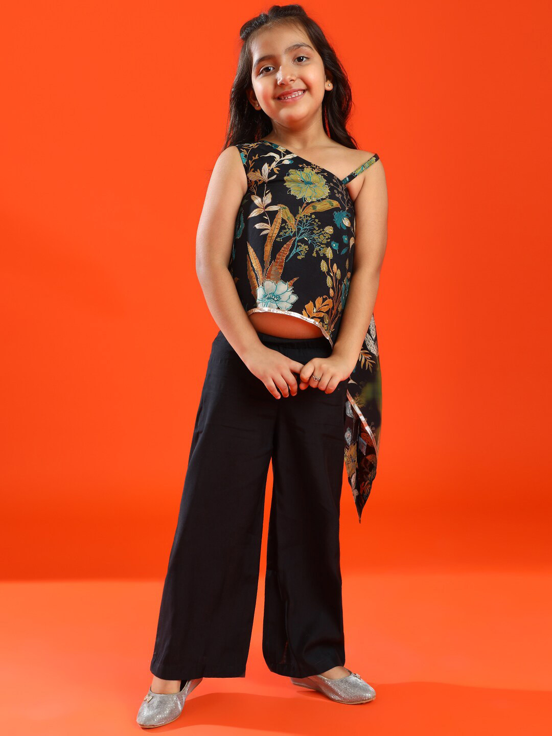 TALES & STORIES Girls Floral Printed Asymmetric Neck Top with Palazzos