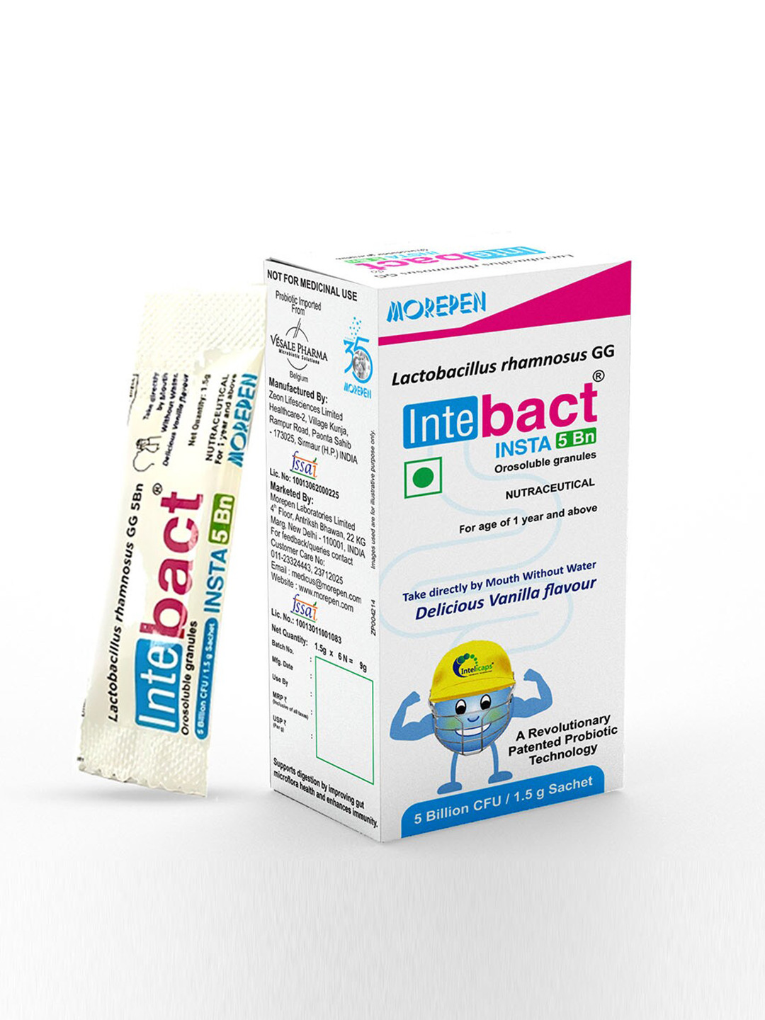 Dr. Morepen Vanillla Intebact Insta 5BN Probiotics Supplement for Gut Health - 6 Sachets
