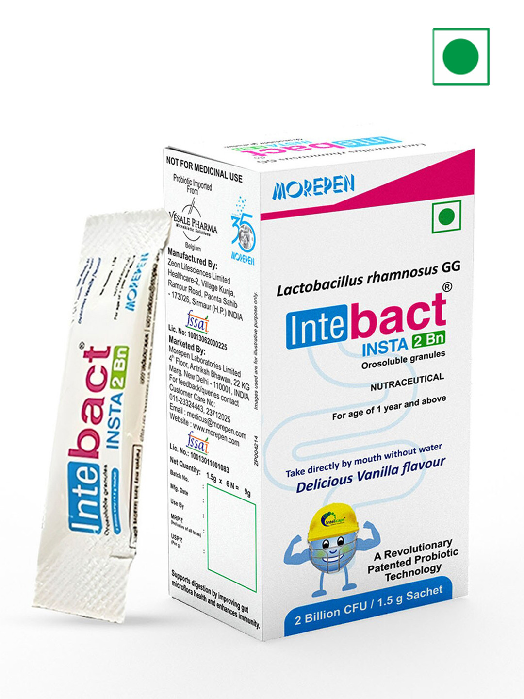 Dr. Morepen Intebact Insta 2Bn Delicious Vanilla Flavour Orosoluble Granules - 6 Sachets