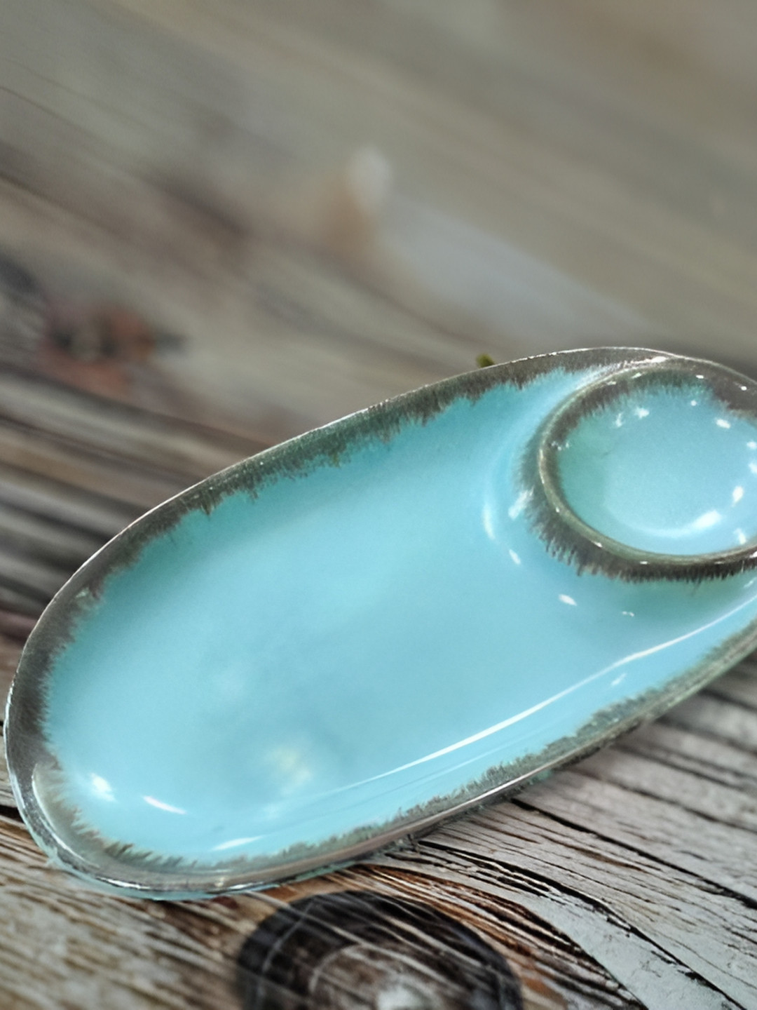 Your Local Store Blue & Olive Printed Ceramic Glossy Platter Attached Dip Bowl